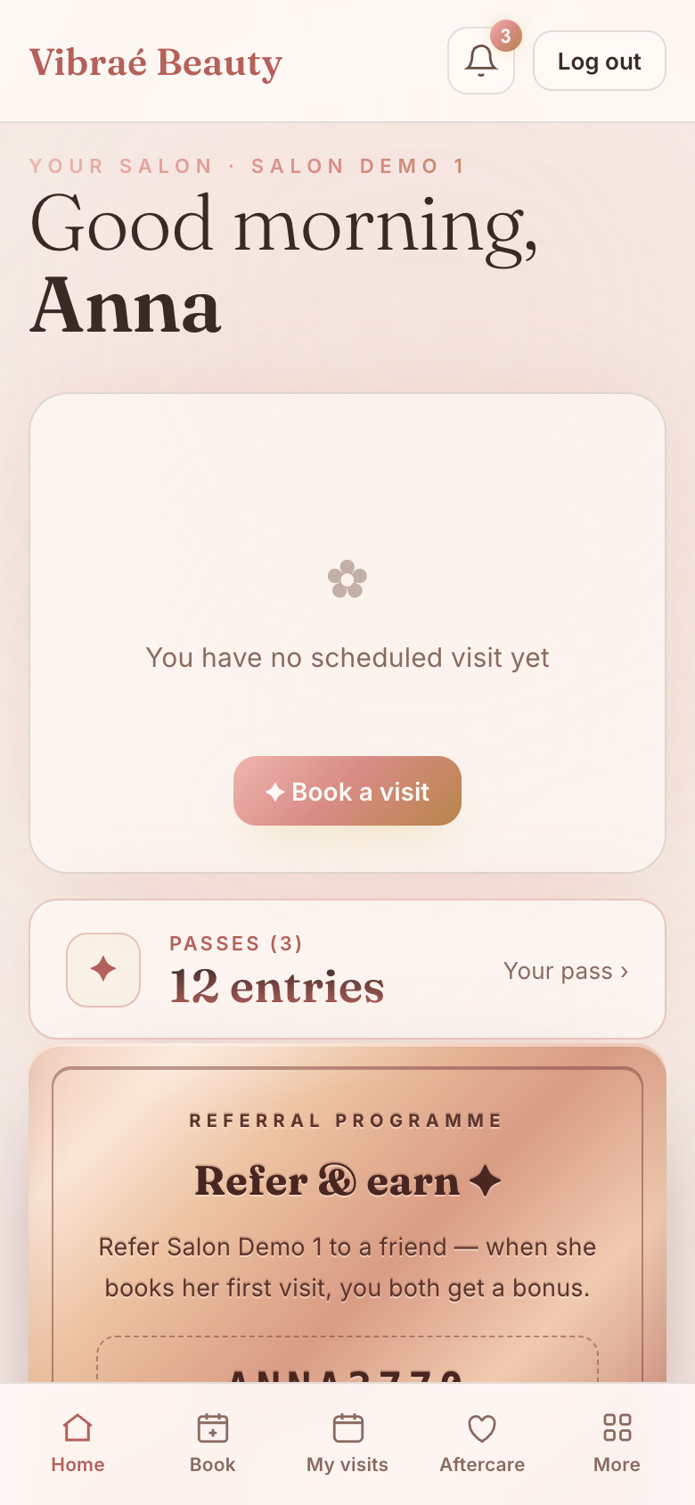 Vibraé Beauty client app on a phone — home screen with a pass and referral program, in the salon's branding