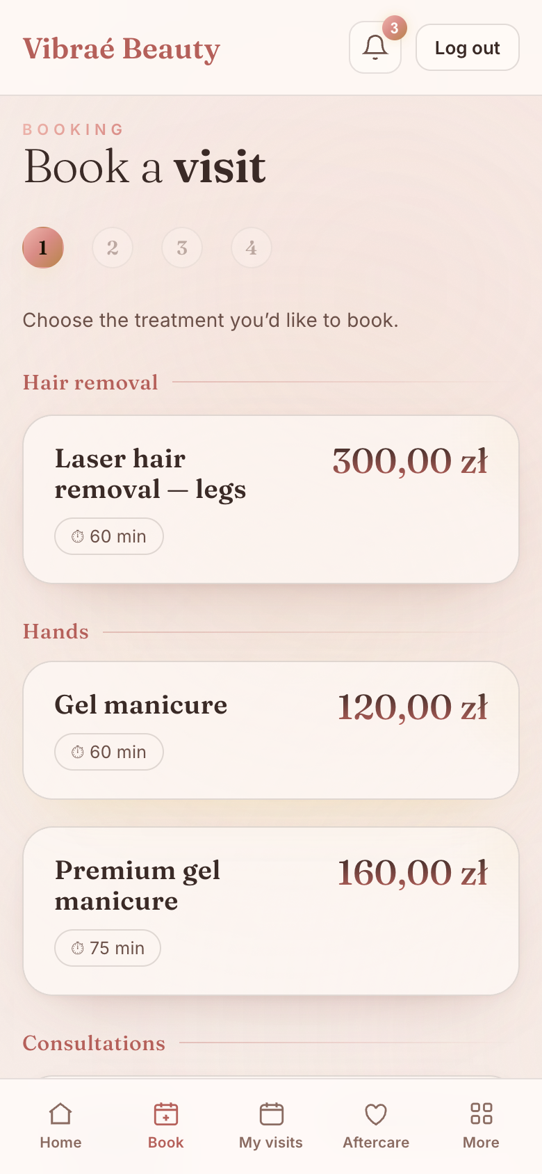 Vibraé Beauty client app on a phone — booking an appointment, choosing a treatment