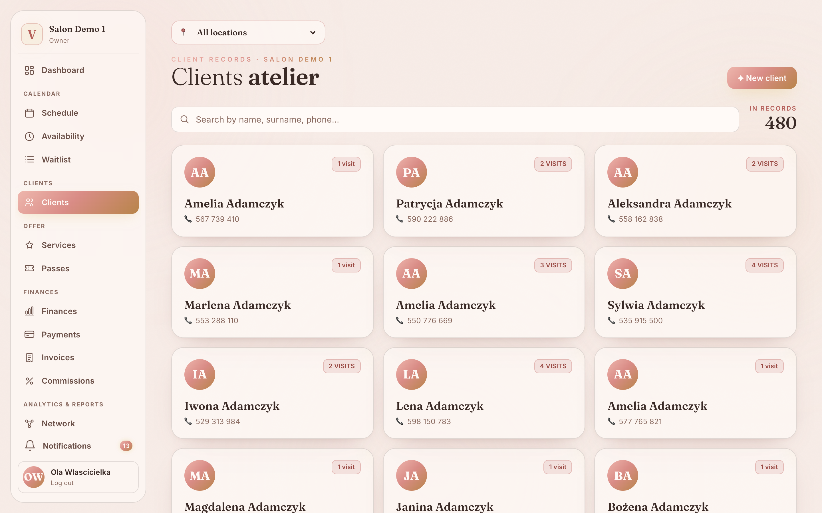 Vibraé client database — visit history, passes and notes