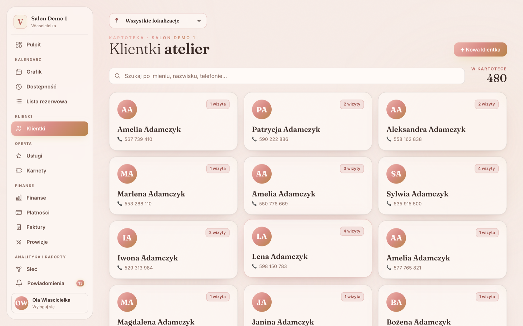 Baza klientek Vibraé — historia wizyt, karnety i notatki