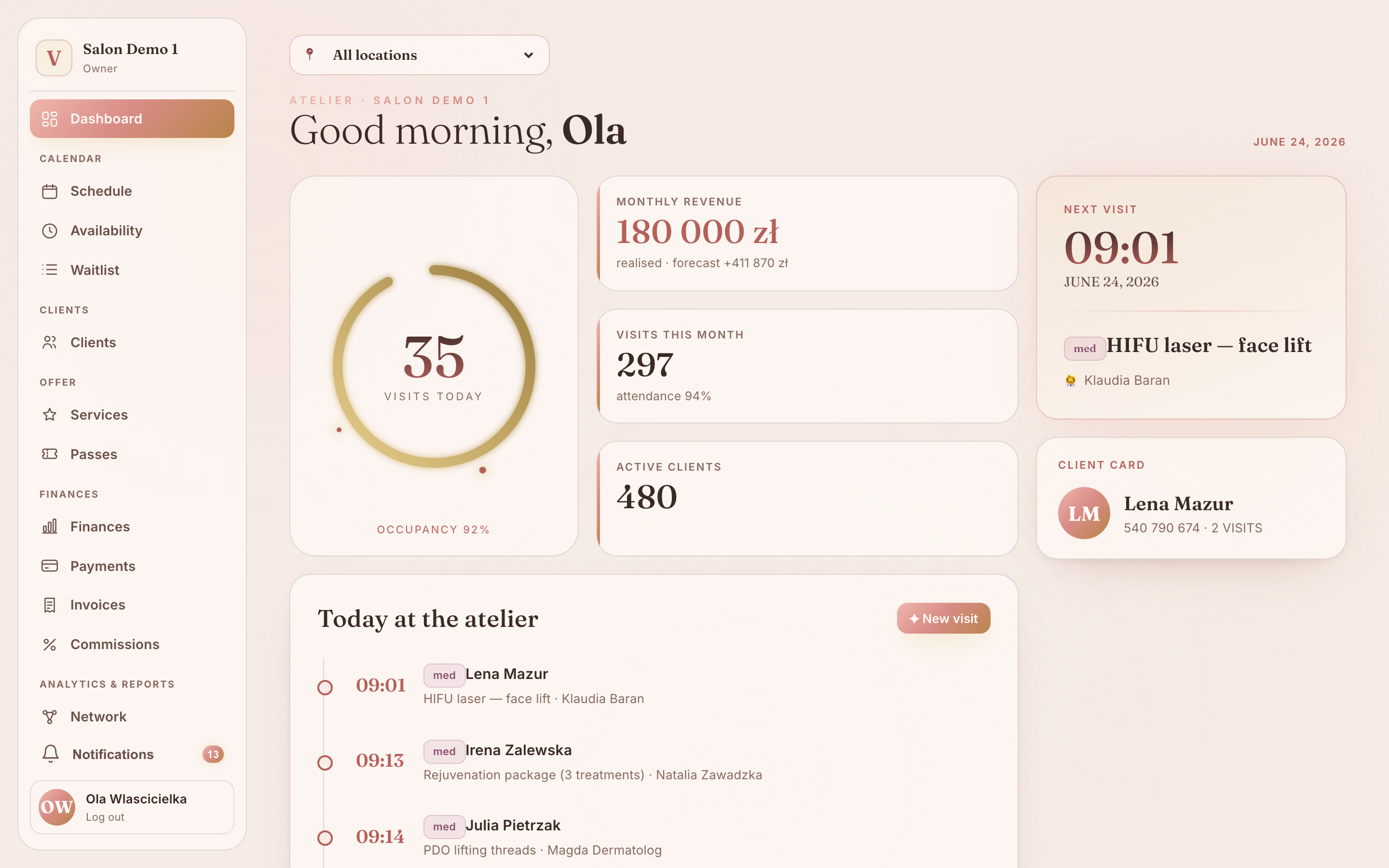 Vibraé Beauty owner dashboard — monthly revenue, occupancy, clients and upcoming appointments