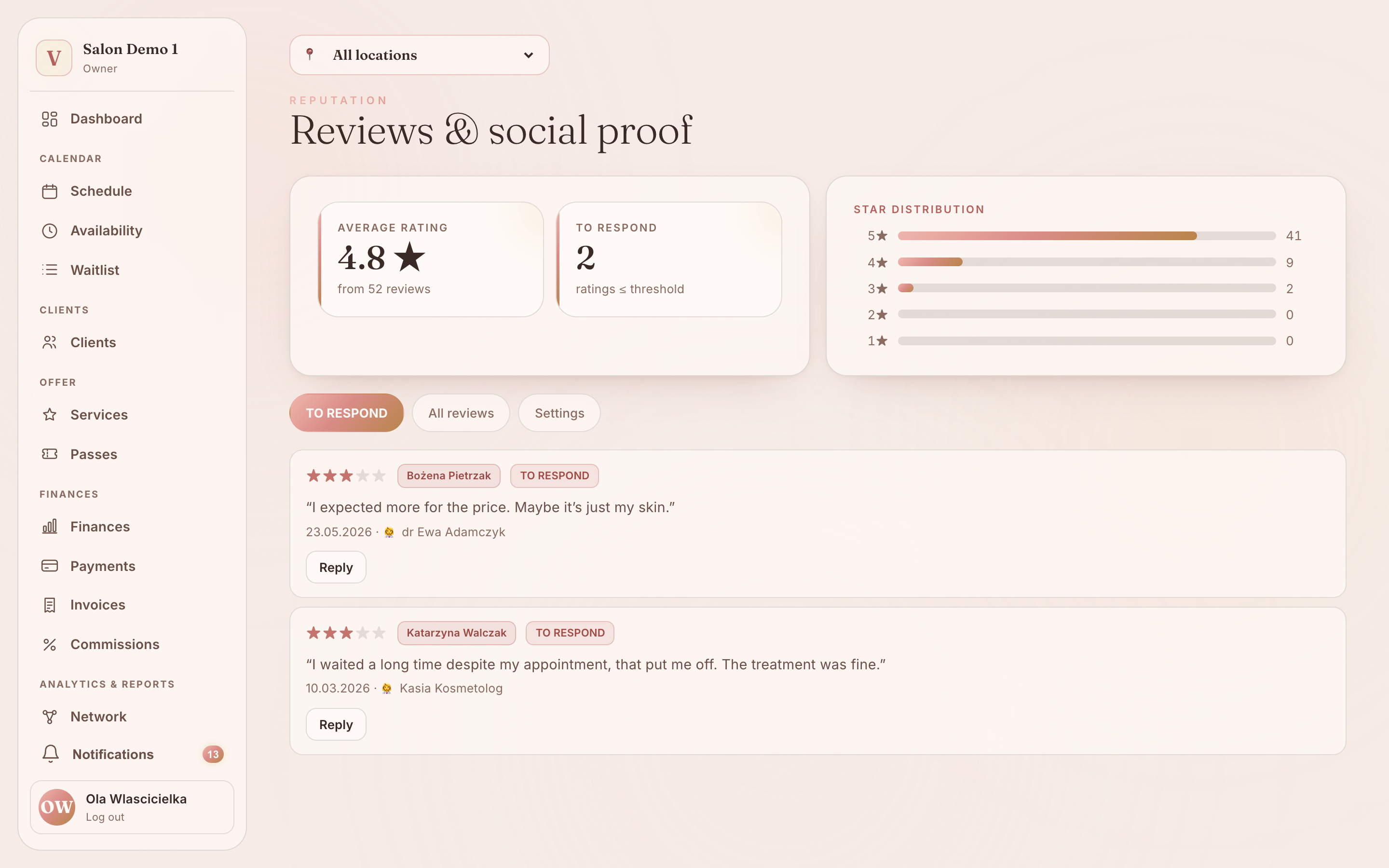 Vibraé reputation — review requests and ratings after the visit