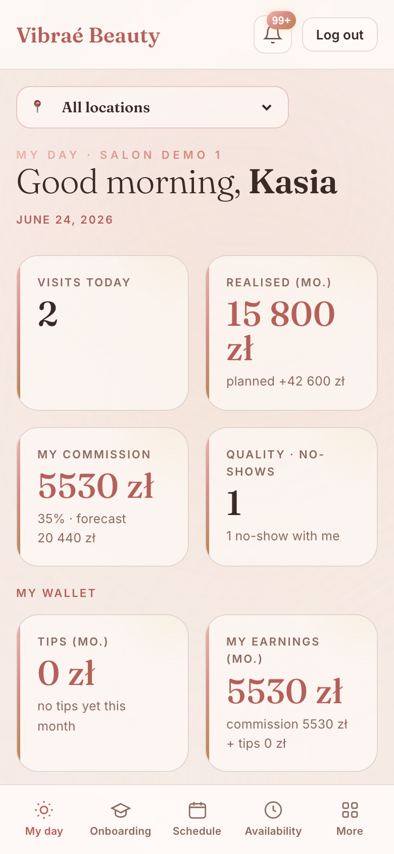 Vibraé Beauty specialist app on a phone — My day: number of clients, treatments and commission
