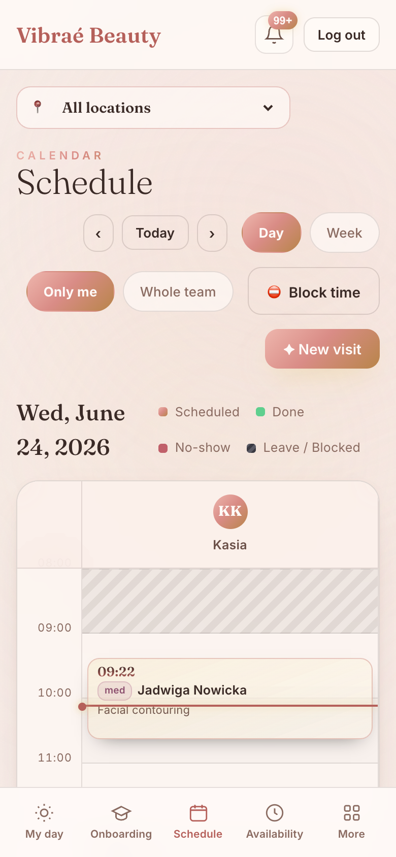 Specialist's daily schedule on a phone — clients, times and treatments, without any financial data